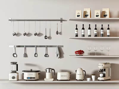 Kitchen Wall With Hanging Kitchenware And Electric Appliances On Shelves 3d model