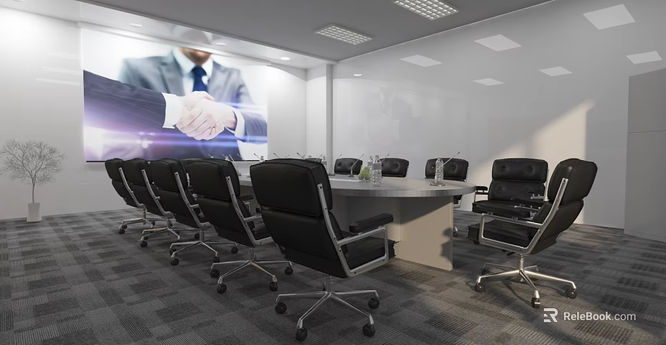 Modern Conference Room Interior With Large Screen Black Chairs And Business Handshake 3d model 