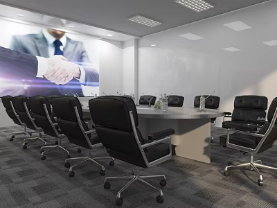 Modern Conference Room Interior With Large Screen Black Chairs And Business Handshake 3d model