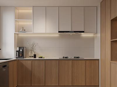 Modern Kitchen Interior With Light Colored And Wooden Cabinets Coffee Machine And Countertop 3d model