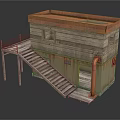 Two Story Wooden House With Rusty Roof Elevated Platform And Wooden Stairs