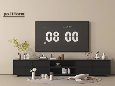 Modern Black TV Stand With Flat Screen TV Digital Clock Decorative Items And Green Plant 3d model