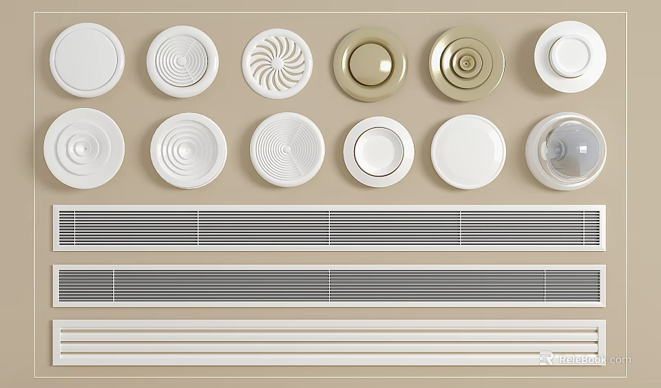 Various Air Conditioner Vents with Round and Patterned Designs for Home Interiors 3d model