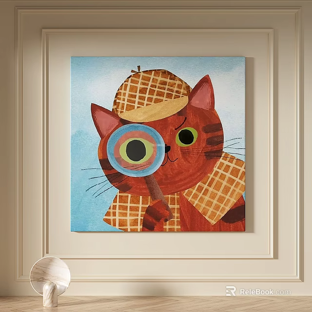 Cute Cat Animal Painting with Plaid Hat Scarf and Magnifying Glass Big Eyes Blue Background 3d model 