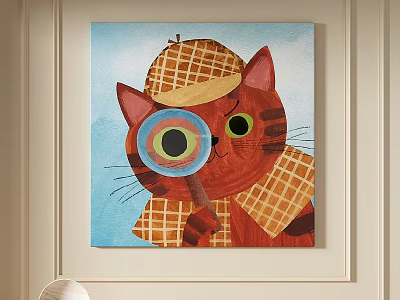 Cute Cat Animal Painting with Plaid Hat Scarf and Magnifying Glass Big Eyes Blue Background 3d model