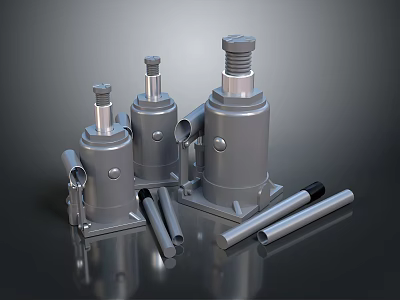 Displayed Hydraulic Jacks With Metal Construction Different Sizes And Poles 3d model