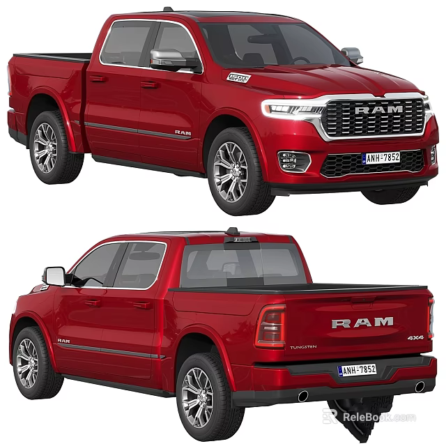 Red RAM Crew Cab Pickup Truck With Alloy Wheels And Tailgate Design 3d model 