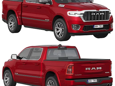 Red RAM Crew Cab Pickup Truck With Alloy Wheels And Tailgate Design 3d model