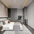Modern Bedroom Interior With Stacked Washer Dryer Cabinet And Large Window
