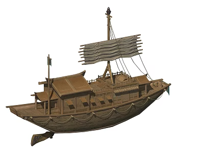 Traditional Wooden Ship With Classic Sails Mast And Cabin Structure Design 3d model