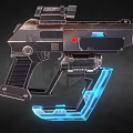 Futuristic Pistol With Metallic Silver Frame Blue Glowing Accents And Detachable Component