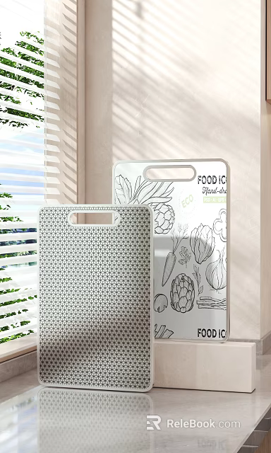 Modern Cutting Boards In Kitchen With Textured Surface And Food Illustrations 3d model 