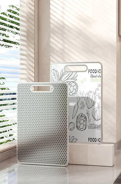 Modern Cutting Boards In Kitchen With Textured Surface And Food Illustrations 3d model