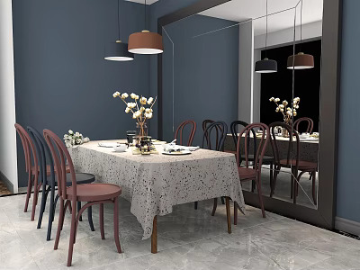 Elegant Dining Table Set With Lace Tablecloth White Flowers Multicolored Chairs Mirror And Pendant Lights 3d model