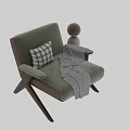 Modern Single Sofa with Beige and Brown Upholstery Plaid Pillow Gray Blanket and Wooden Legs