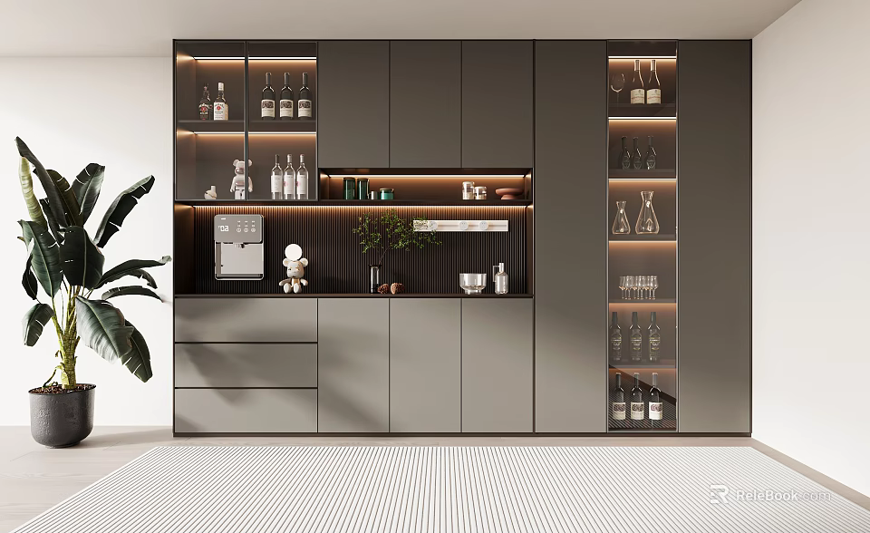 Modern Wine Cabinet Design With Glass Doors Built-in Lighting For Wine Bottles And Glasses 3d model 