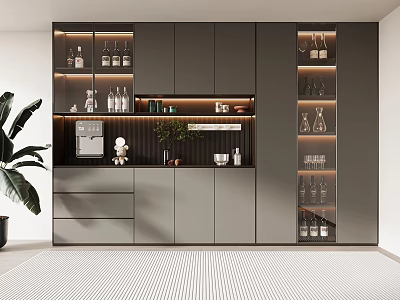 Modern Wine Cabinet Design With Glass Doors Built-in Lighting For Wine Bottles And Glasses 3d model