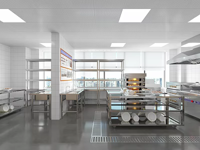 Commercial Kitchen With White Tiled Walls Large Windows Stainless Steel Worktables And Baking Tray Racks 3d model
