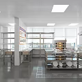 Commercial Kitchen With White Tiled Walls Large Windows Stainless Steel Worktables And Baking Tray Racks