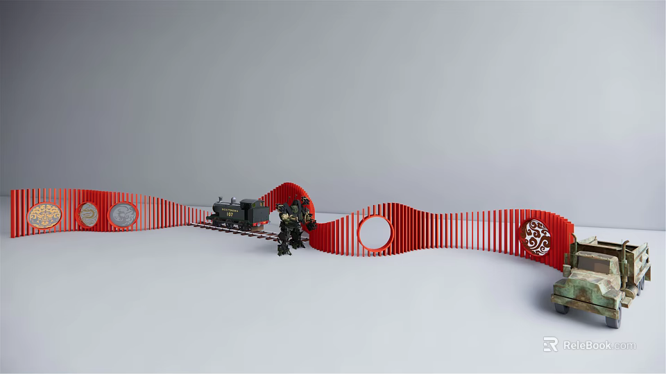 Red Wavy Feature Wall with Striped Pattern and Circular Decorative Elements 3d model