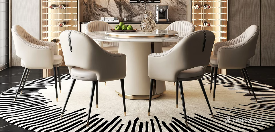 Elegant Round Marble Dining Table Set With Beige Upholstered Chairs And Zebra Rug 3d model 