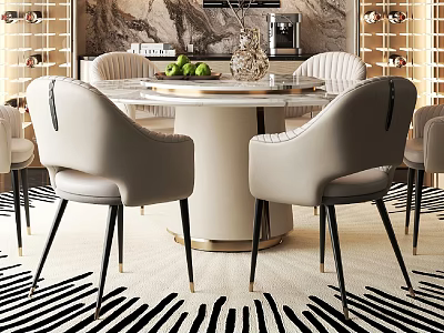 Elegant Round Marble Dining Table Set With Beige Upholstered Chairs And Zebra Rug 3d model