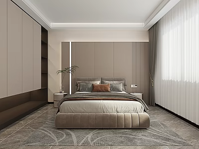 Modern Luxury Bedroom Interior With Upholstered Bed Frame Nightstands And Curtains 3d model