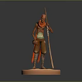 3D Character Model With Staff Red Scarf And Striped Clothing On Round Base 3d model