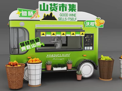 Commercial Outdoor Mountain Goods Market Setup With Green Food Truck And Fresh Fruits 3d model