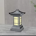 Japanese Inspired Stone Floor Lamp with Pagoda Roof and Lattice Window in Minimalist Interior