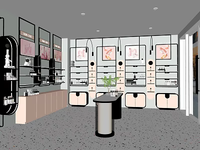 Specialty Store Modern Interior With Display Shelves Central Counter And Potted Plant 3d model