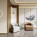 Elegant Modern Beauty Hair Salon Interior With Marble Walls Circular Decor Sofa And Green Plants