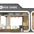 ONDE ONDE Exhibition Booth With White Tables Chairs Wooden Decorations And Green Plants