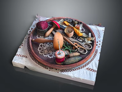 Assorted Household Items on Decorative Tray with Thread Spools Scissors and Lace Cloth 3d model