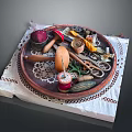 Assorted Household Items on Decorative Tray with Thread Spools Scissors and Lace Cloth