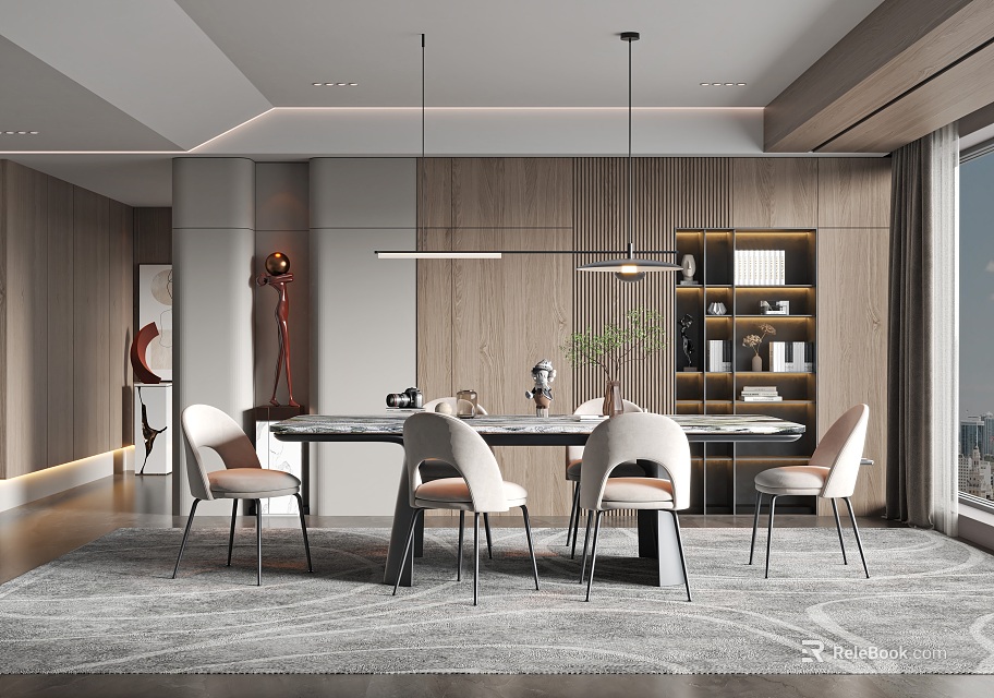 Modern Dining Room Interior With Wooden Walls Dining Table Chairs Pendant Lights And Shelving Unit 3d model 