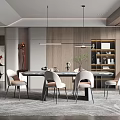 Modern Dining Room Interior With Wooden Walls Dining Table Chairs Pendant Lights And Shelving Unit