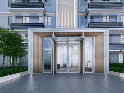 Modern Multistory Building Entrance Gate with Glass Doors Wooden Accents Canopy and Surrounding Greenery 3d model