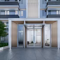 Modern Multistory Building Entrance Gate with Glass Doors Wooden Accents Canopy and Surrounding Greenery