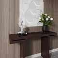 Modern Wooden Console Table With 3D Geometric Panel White Flower Vase And Statue