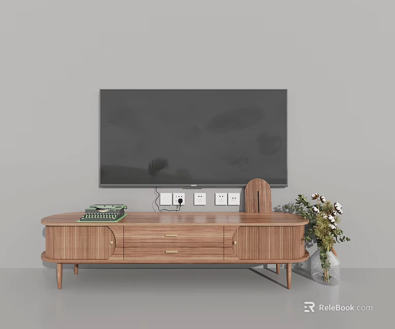 Wooden TV Stand with TV on Top Featuring Drawers Cabinet Doors Books and Potted Plants 3d model 