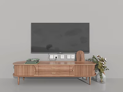 Wooden TV Stand with TV on Top Featuring Drawers Cabinet Doors Books and Potted Plants 3d model