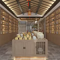 Chinese Style Furniture Store with Red Chairs Wooden Table Display Shelves and Round Cabinet Interior
