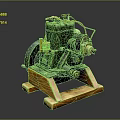 Vintage Green Mechanical Equipment with Metal Parts on Wooden Base