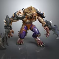 Orc Warrior Creature With Lion Head Muscular Body Orange Torso Purple Pants And Claw Weapons