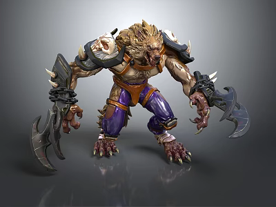 Orc Warrior Creature With Lion Head Muscular Body Orange Torso Purple Pants And Claw Weapons 3d model