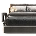Modern Double Bed With Upholstered Headboard Soft Blankets Pillows And Nightstand