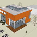 Modern Orange Two Storey Office Building With Large Glass Windows And Exterior View