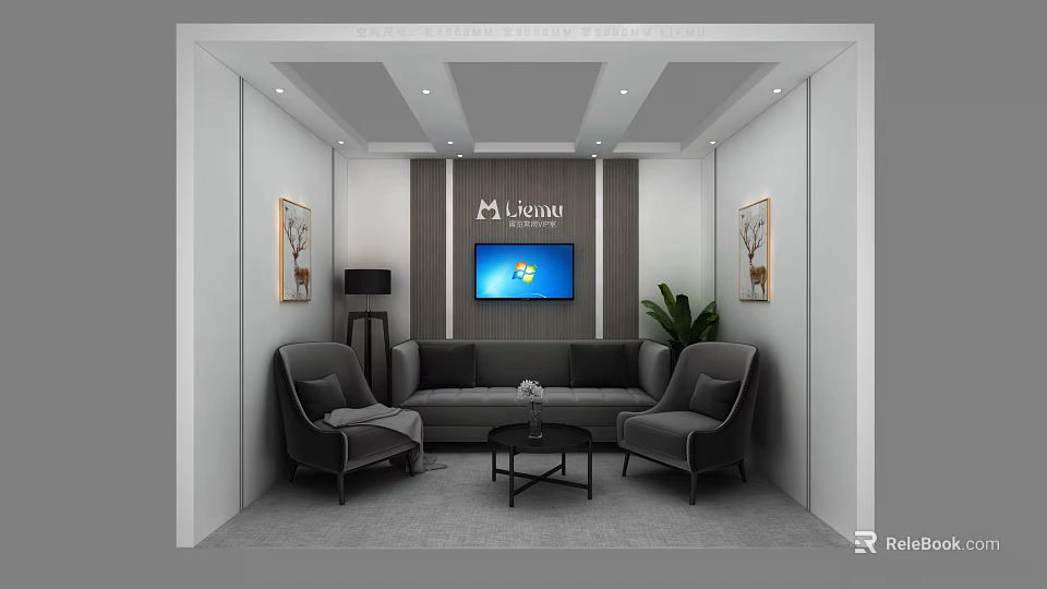 Modern A.Leonni Lounge Area With Sofa Armchairs Coffee Table TV Green Plant And Decorative Paintings 3d model 
