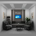 Modern A.Leonni Lounge Area With Sofa Armchairs Coffee Table TV Green Plant And Decorative Paintings